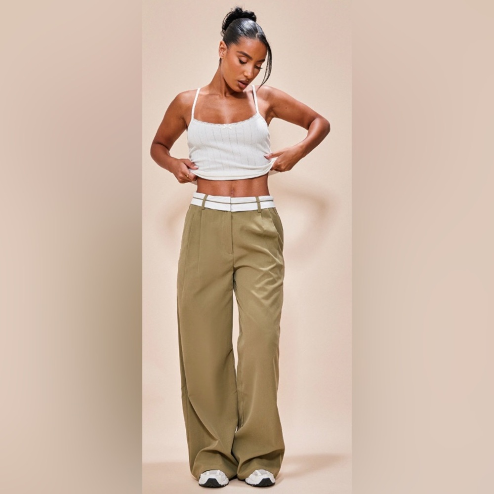 Khaki Turn Over Waist Straight Leg Pants